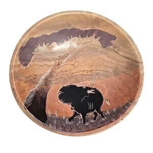 Kenya Artistic Wildlife Elephant Design Soapstone Bowl with Earth Tones 6" Dia.